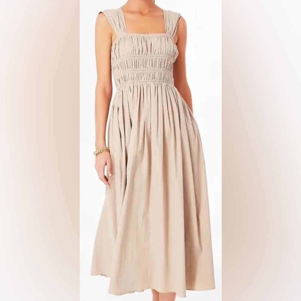 NWT Tuckernuck Pomander Place Noah Smocked Midi Dress in Biscotti